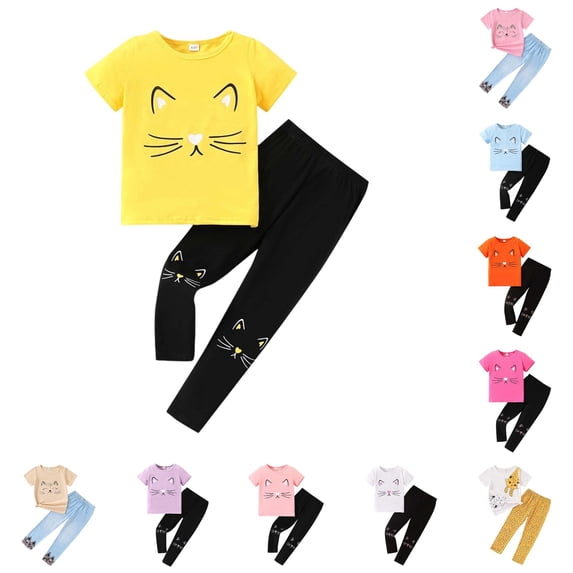 CUZIBR Kids Outfit Sets Girl's Cat Pattern O-Neck Short Sleeve T Shirt And Pants Summer Girls Clothes Sets,Yellow,13-14 Years