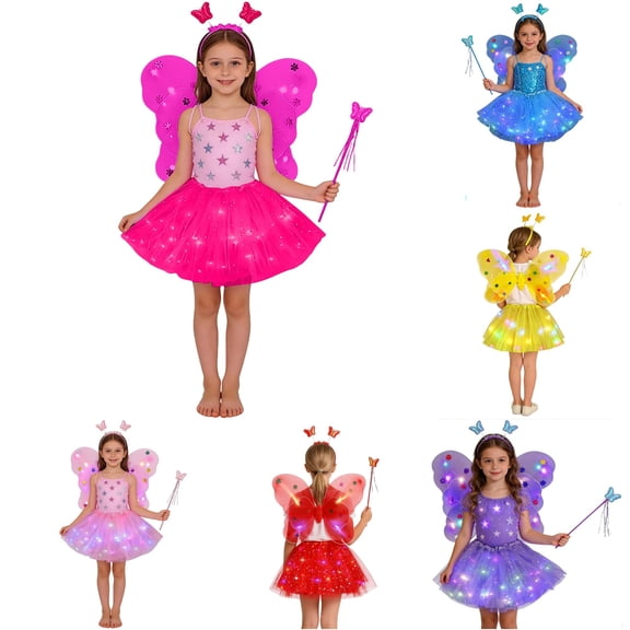 CUZIBR Kids Outfit Sets Glowing Fairy Girls With Light Up Wand And Floral Four Piece Dress Up Play Clothes Sets,Hot Pink,3-10 Years