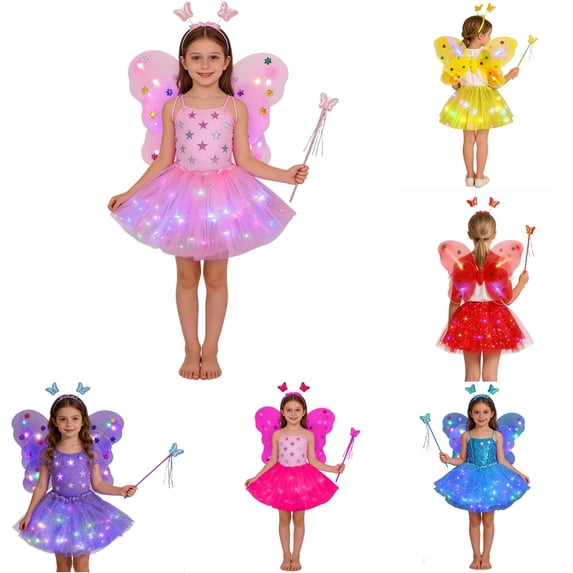 CUZIBR Kids Outfit Sets Glowing Fairy Girls With Light Up Wand And Floral Four Piece Dress Up Play Clothes Sets,Pink,3-10 Years