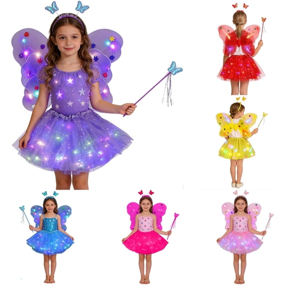 CUZIBR Kids Outfit Sets Glowing Fairy Girls With Light Up Wand And Floral Four Piece Dress Up Play Clothes Sets,Purple,3-10 Years