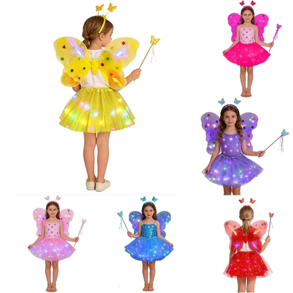 CUZIBR Kids Outfit Sets Glowing Fairy Girls With Light Up Wand And Floral Four Piece Dress Up Play Clothes Sets,Yellow,3-10 Years