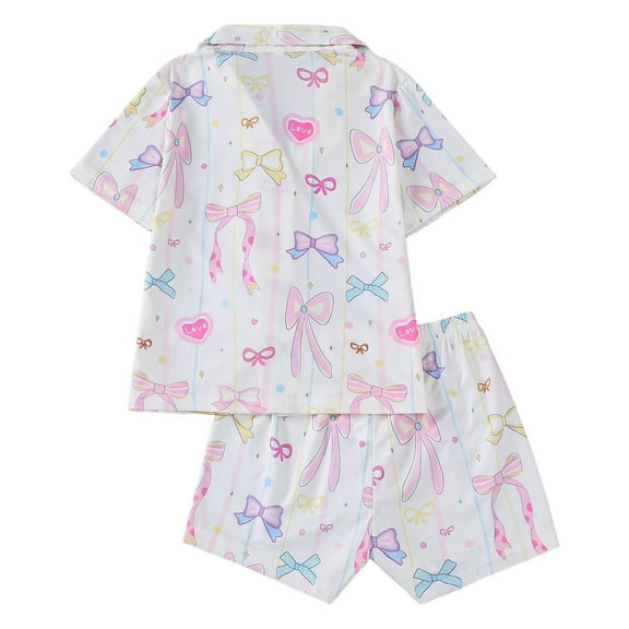CUZIBR Kids Outfits Stylish Button Down Short Sleeve Lapel Collar Top Blouse Shorts Soft Cartoon Bow Floral Print Fashionable Leopard Home Dailywear Sleeping Wear Sets,Pink,6 Years