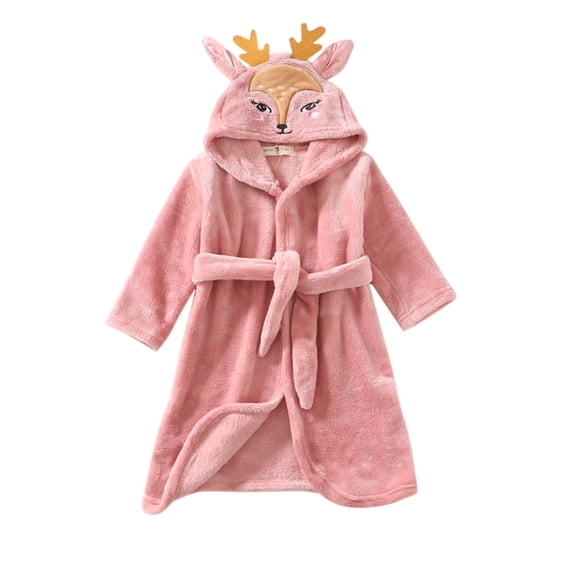 CUZIBR Kids Outfits Stylish Cartoon Print Hoodies Bathrobes Long Sleeve Fuzzy Thermal Night-Robe With Belt Solid Color Sleep Robe Sleeping Clothing Suit,Pink,2-3 Years