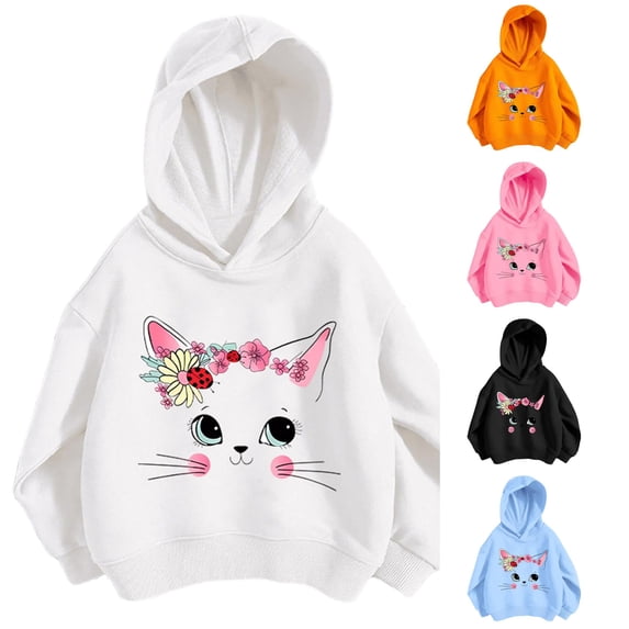 CUZIBR Kids Oversized Hoodies For Girls Cat Graphic Pullover Sweatshirt With Pocket Long Sleeve Casual Fall Winter Clothes,White,3-4 Years