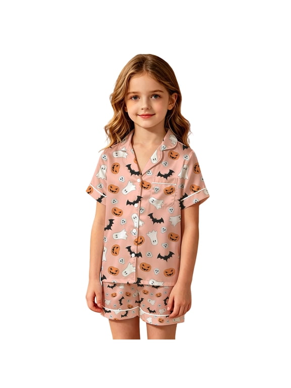 Kids Pajamas For Boys Girls Halloween Short Sleeve Button Down Shirt And Shorts 2 PC Sleepwear Ghost Pumpkin Bat Graphic Lapel Smooth Comfort Festival Party Homewear,Orange,4-5 Years