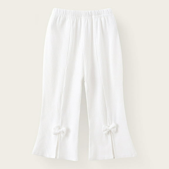 CUZIBR Kids Pants Ribbed Knit Flared Pants Cute Bow Solid Stretchy Soft Elastic Waist Trousers Cozy Stylish Warm Casual Athletic Clothes,White,2-3 Years