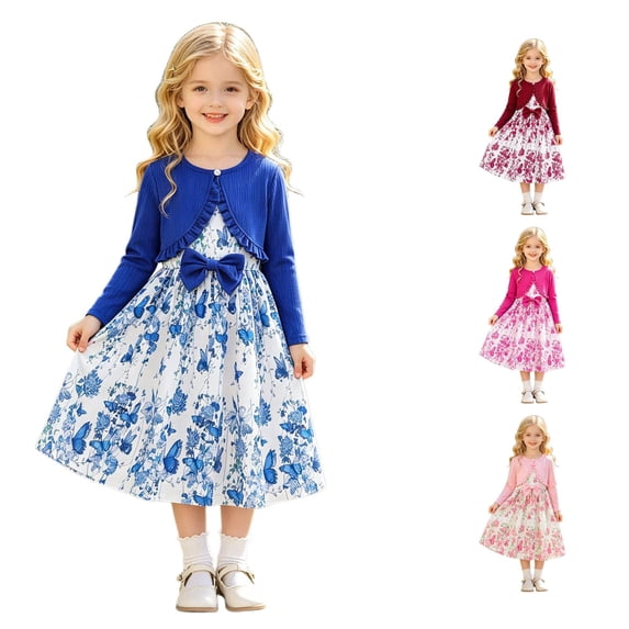 CUZIBR Kids Seasonal Dress Girls With Solid Color Jacket Floral Pattern Sleeveless Long Sleeve Dress Outfit Sets Fall Clothes Sets,Blue,3-4 Years