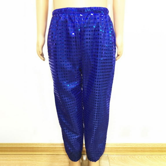 CUZIBR Kids Sequins Pants Wide Leg Loose Jazz Hop Street Dance Pants Solid Color Haren Trousers Stage Performance Dancewear Casual Straight Leg Joggers,Blue,5-6 Years