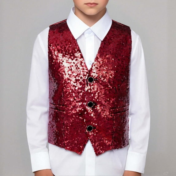 CUZIBR Kids Shirt Girls Sequin Vest Sleeveless V-Neck Button Down Performance Glitter Waistcoat Dance Party Streetwear Cute Tops,Red,5-6 Years