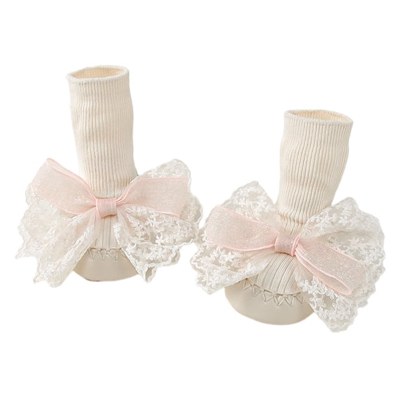 CUZIBR Kids Socks Stylish Cute Ruffle Lace Bow Floor Socks Learning Walk Cozy Soft Shoes Knee High Stockings Non-Slip Cotton Fall Winter Warm Footwear,Beige,1-1.5 Years