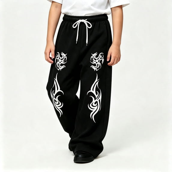 CUZIBR Kids Sweatpants For Boys Baggy Wide Leg Athletic Joggers Pants With Pocket Flame Graphic Drawstring Elastic Waist Cool Casual Daily Wear,Black,8-9 Years