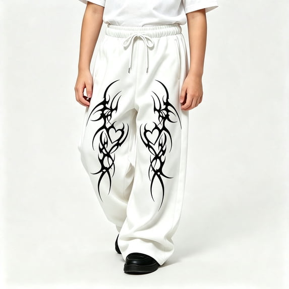 CUZIBR Kids Sweatpants For Boys Baggy Wide Leg Athletic Joggers Pants With Pocket Flame Graphic Drawstring Elastic Waist Cozy Casual Daily Wear,White,12-13 Years