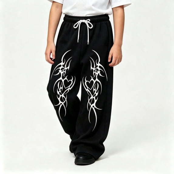 CUZIBR Kids Sweatpants For Boys Baggy Wide Leg Athletic Joggers Pants With Pocket Flame Graphic Drawstring Elastic Waist Soft Casual Daily Wear,Black,4-5 Years