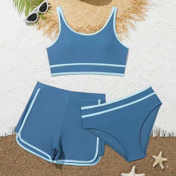 CUZIBR Kids Swimsuits 3 Piece Bikini Set Cute Floral Print Adjustable Strap Tops Brief Beach Shorts Swim Outfits Popular Swimsuit,Navy,9-10 Years