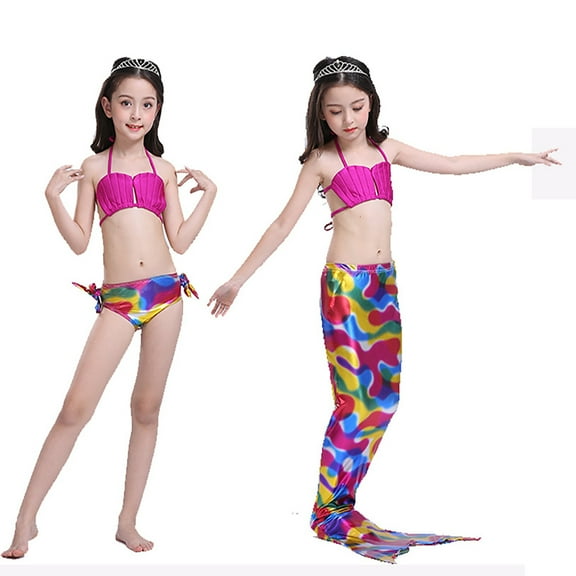 CUZIBR Kids Swimsuits Fish Fail Bikini Set Cartoon Print Spaghetti Strap Tank Top Ruffled Briefs Long Skirt Outfits Pool Beach Travel Swimwaer Holiday,Multicolour2,2-3 Years