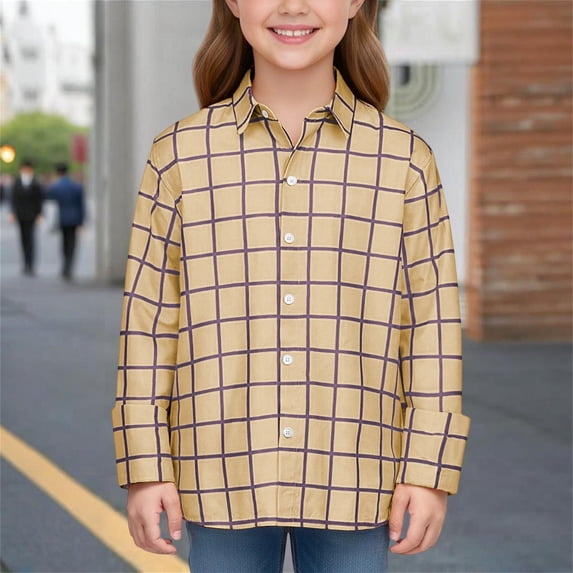 CUZIBR Kids Boys Formal Dress Shirts Classic Plaid Long Sleeve Lapel Collared Button Down Casual Shirt School Uniform Elegant Comfortable Breathable Blouse Tops,Khaki,9-10 Years