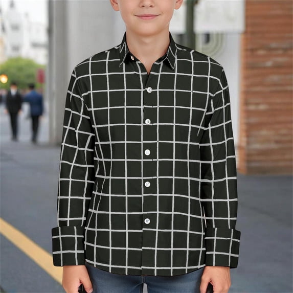 CUZIBR Kids Boys Formal Dress Shirts Classic Plaid Long Sleeve Lapel Collared Button Down Casual Shirt School Uniform Elegant Comfortable Breathable Blouse Tops,Black,11-12 Years
