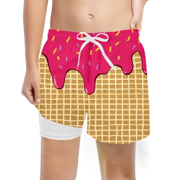 CUZIBR Kids Boys Swim Trunks Ice Cream Print Drawstring Elastic Wide Leg With Liner Summer Beach Pool Swimwear Color Block Soft Graphic Quick Dry Upf 50 Bathing Suit,Watermelon Red,8 Years