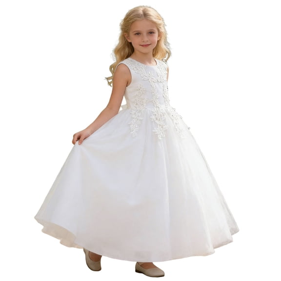 CUZIBR Kids Girls Birthday Ball Gowns Solid Color Sleeveless Crewneck Ruffled Tiered Layered Lace Embroidery Tutu Dress Youth Formal Elegant Bridesmaid Party Pageant Dresses ,White,7-8 Years
