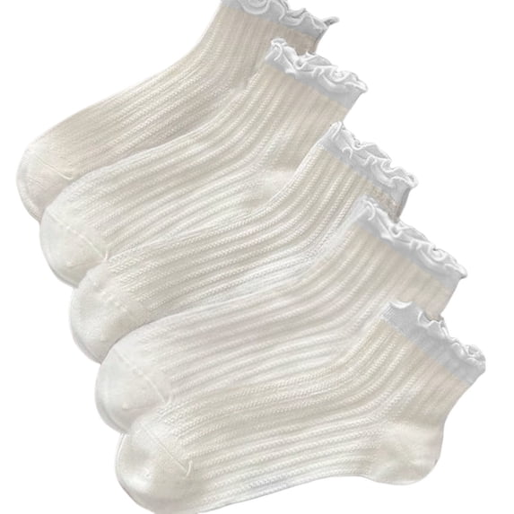 CUZIBR Kids Toddler Girls Ankle Socks 5 Pairs Solid Color Mesh Ruffles Breathable Lightweight Soft Frilly Princess Dress Crew Socks Seamless Comfortable Casual Stocking Dailywear,White,9-12 Years
