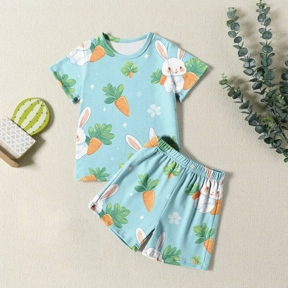 CUZIBR Kids Toddler Girls Easter Summer Short Sets Letter Graphic Printed Short Sleeve Crewneck T Shirt Top Shorts 2 Piece Outfit Breathable Cozy Home Wear Dailywear,Sky Blue,9-10 Years