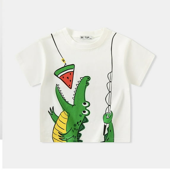 CUZIBR Kids Tops Boys Fashion Cartoon Dinosaur Print Round Neck Short Sleeve T-Shirts Soft Breathable Tee Casual Comfy Dailywear,White,12-18 Months