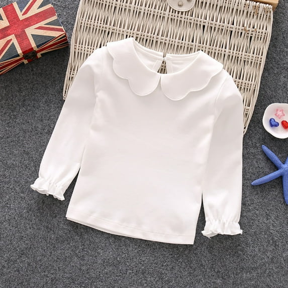 CUZIBR Kids Tops Peter Pan Collar Solid Ruffles Long Sleeve Basic Shirt Blouse Stylish Comfortable Daily Wear Fashion Outwear Clothing,White,5-6 Years