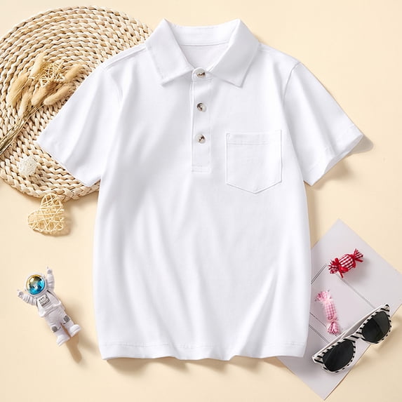 CUZIBR Kids Tops Polo Collar Button Short Sleeve Solid Tee Top School Uniform Shirts Breathable Soft Spring Fall Clothing,White,7-8 Years