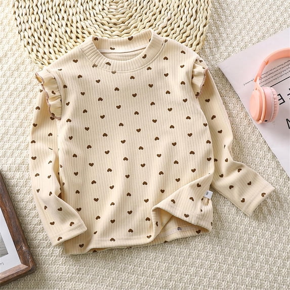 CUZIBR Kids Tops Ribbed Knitting Heart Floral Print Base T-Shirt Ruffles Long Sleeve Layering Soft Tee Fashion Outwear Clothing,Beige,18-24 Months