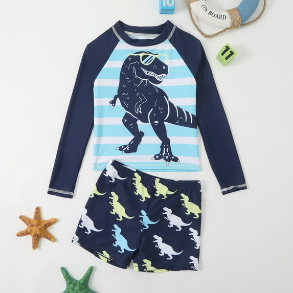 CUZIBR Kids Two Piece Swimsuits Rash Guard Cute Cartoon Print Striped Long Sleeve Shirts Tops And Elastic Waist Shorts Trunks Swimwear Outfits Beach Pool Sun Protection Bathing Suit,Blue,6-7 Years