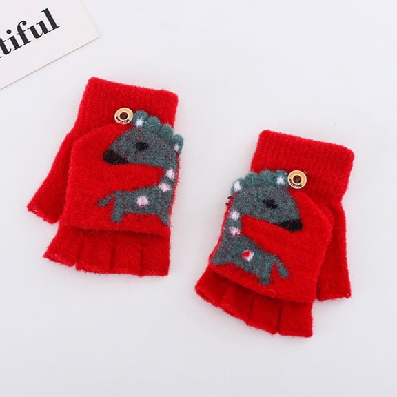 CUZIBR Kids Winter Gloves Convertible Flip Top Thermal Knitted Knit Fingerless Cute Animal Pattern Warmth Leopard Mittens For Children Outdoor,Red,One Size