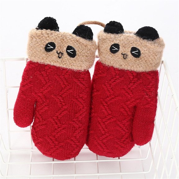 CUZIBR Kids Winter Gloves Cute Animal Pattern Knitted Color Block Thickened Lined Mittens Plus Sized Gloves Child Kids Outdoor,Red,One Size