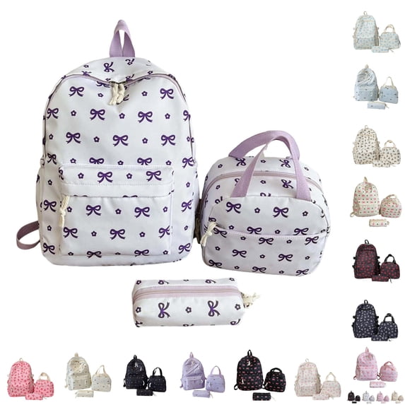 CUZIBR Large Capacity 3 Piece Backpack For Kids Cute Floral Bow Print School Backpack With Lunch Tote Bag Pencil Case Bookbag For Teen Girls Students Daily School Travel