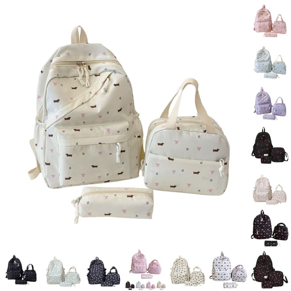 CUZIBR Large Capacity 3 Piece Backpack For Kids Cute Floral Bow Print School Backpack With Lunch Tote Bag Pencil Case Bookbag For Teen Girls Students Daily School Travel