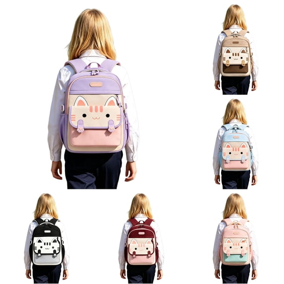 CUZIBR Lightweight Kids Backpack Cute Cat Print Color Block Multi Zipper Compartments Adjustable Breathable Shoulder Straps Bookbag For Teen Girls Campus Daily Travel Outdoor Sports