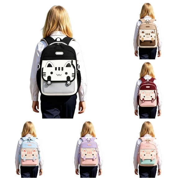 CUZIBR Lightweight Kids Backpack Cute Cat Print Color Block Multi Zipper Compartments Adjustable Breathable Shoulder Straps Bookbag For Teen Girls Campus Daily Travel Outdoor Sports