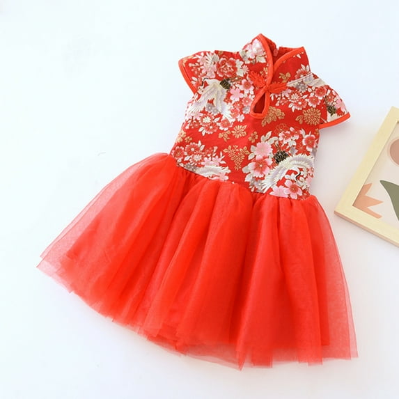 CUZIBR Little Big Girls Fairy Hanfu Dresses For Chinese Calendar New Year Mandarin Collar Princess Short Sleeve Floral Print Tutu Dresses Embroidery Tang Suit,Watermelon Red,10-11 Years