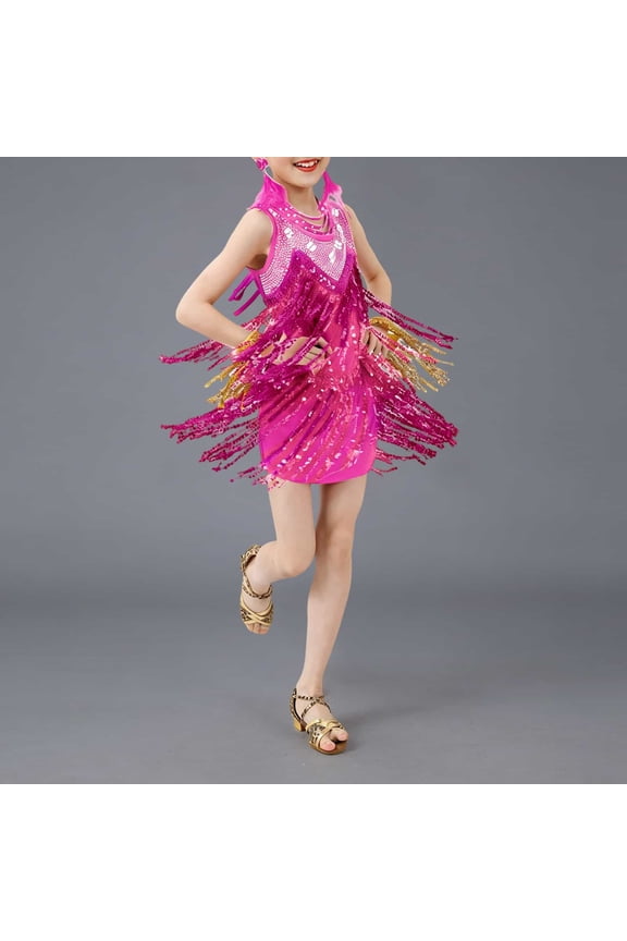 Little Big Girls Sequin Fringe Dress Sleeveless Crewneck Sparkly Modern Ballroom Cha Cha Dancewear Jazz Latin Performance Stage Solid Color Mini Dresses,Hot Pink,5-6 Years