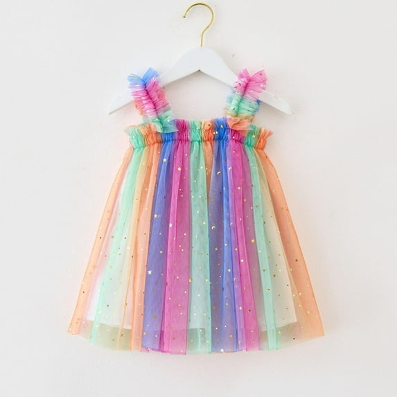 CUZIBR Little Big Girls Sleeveless Tutu Sequin Dress A-Line Spaghetti Strap Sparkly Ruffle Tiered Elastic Square Collar Carnival Party Rainbow Dresses Holiday Sundress,Hot Pink,2-3 Years
