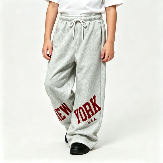 CUZIBR Little Boys Baggy Sweatpants Wide Leg Athletic Joggers Pants With Pocket Letter Graphic Drawstring Elastic Waist Cozy Fall Winter Trousers,Grey,6-7 Years