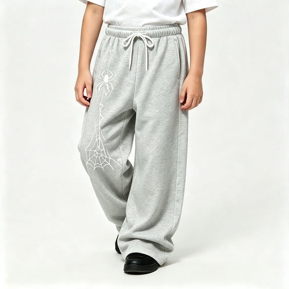 CUZIBR Little Boys Baggy Sweatpants Wide Leg Athletic Joggers Pants With Pocket Spider Graphic Drawstring Elastic Waist Cozy Fall Winter Trousers,Grey,6-7 Years