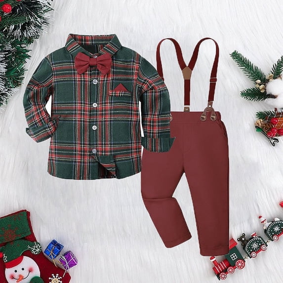 CUZIBR Little Boys Christmas Outfits Plaid Formal Button Down Shirt And Pants Suspender Bow Tie 4 PC Set Long Sleeve Gentleman Cozy Family Party Wear,Green,6-7 Years