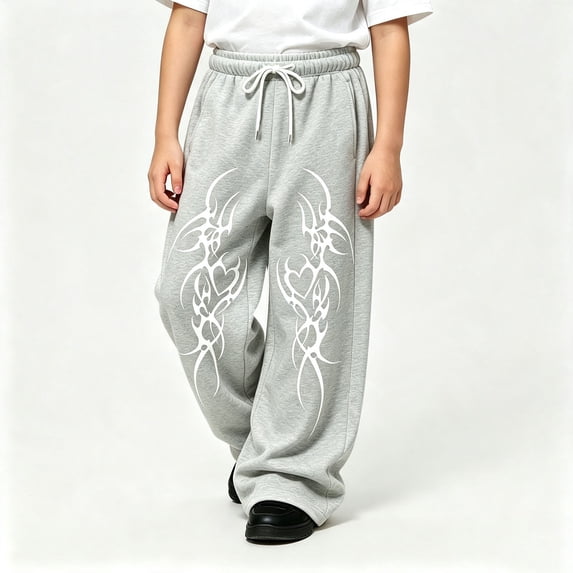 CUZIBR Little Boys Sweatpants Baggy Wide Leg Athletic Joggers Pants With Pocket Flame Graphic Drawstring Elastic Waist Soft School Outdoor Bottoms,Grey,4-5 Years