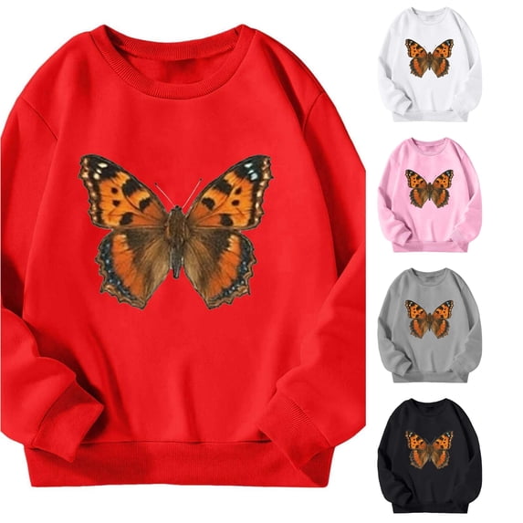 CUZIBR Little Girls Crewneck Sweatshirt Butterfly Graphic Pullover Long Sleeve Cozy Outdoor Tops,Watermelon Red,9-10 Years
