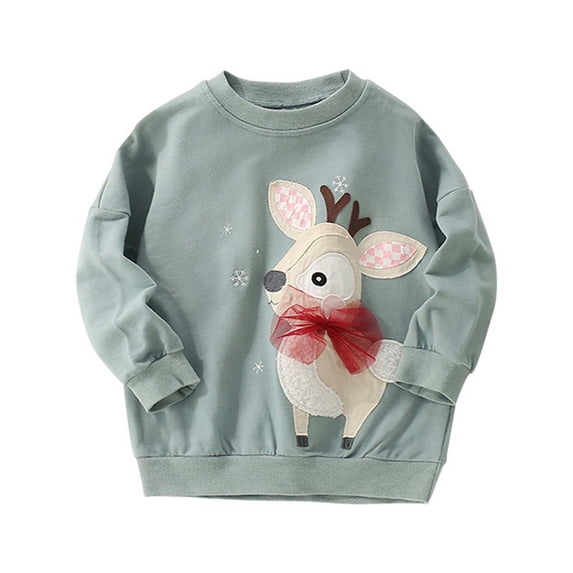 CUZIBR Little Girls Crewneck Sweatshirt Long Sleeve Cartoon Applique Pullover Cute Fall Winter Clothes,Dark Green,2-3 Years