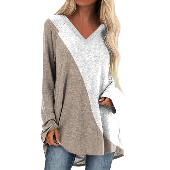 CUZIBR Loose Fit Long Sleeve T Shirt For Women Patchwork Color Classic Tee Top Women V-Neck Fashion Pullover Long Shirts Casual Comfortable Soft Basic Blouse For Ladies Streetwear,Beige,XL