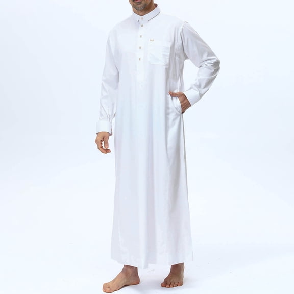 CUZIBR Men Elegant Robe Ethnic Style Embroidery Print Polo Collar Button Long Sleeve Solid Color Long Shirt Casual Celebration Traditional Festival Cosy Outfits Vacation Dailywear,White,Xl