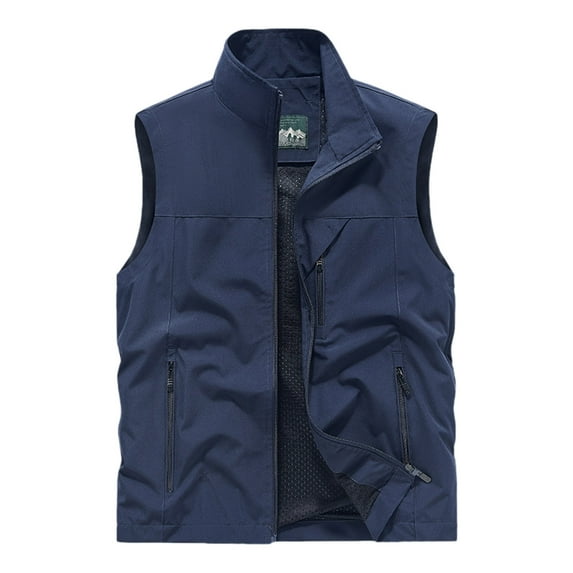 CUZIBR Mens Sleeveless Vest Solid Color Full Zipper Stand Collar Outerwear With Pocket Windproof Lightweight Travel Sports Golf Waistcoat Dailywear
