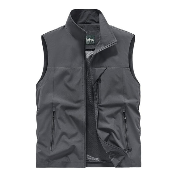 CUZIBR Mens Sleeveless Vest Solid Color Full Zipper Stand Collar Outerwear With Pocket Windproof Lightweight Travel Sports Golf Waistcoat Outwear