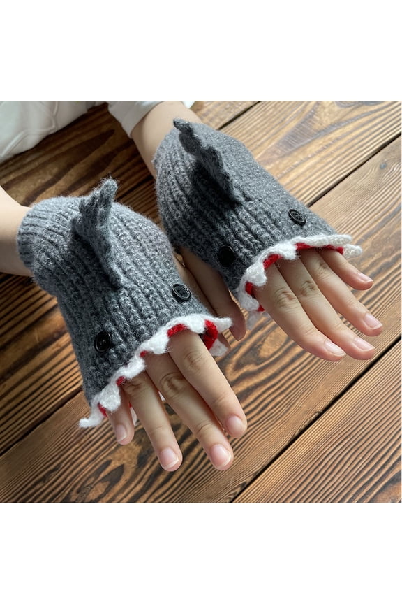 Mittens For Women Adorable Cartoon Thermal Half Finger Knitted Mittens Animal Shark Pattern Fingerless Gloves For Cycling Running Outdoor Activities